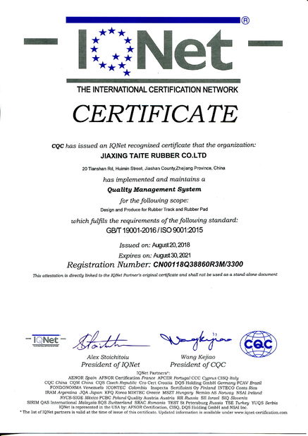 Porcellana JIAXING TAITE RUBBER CO.,LTD Certificazioni